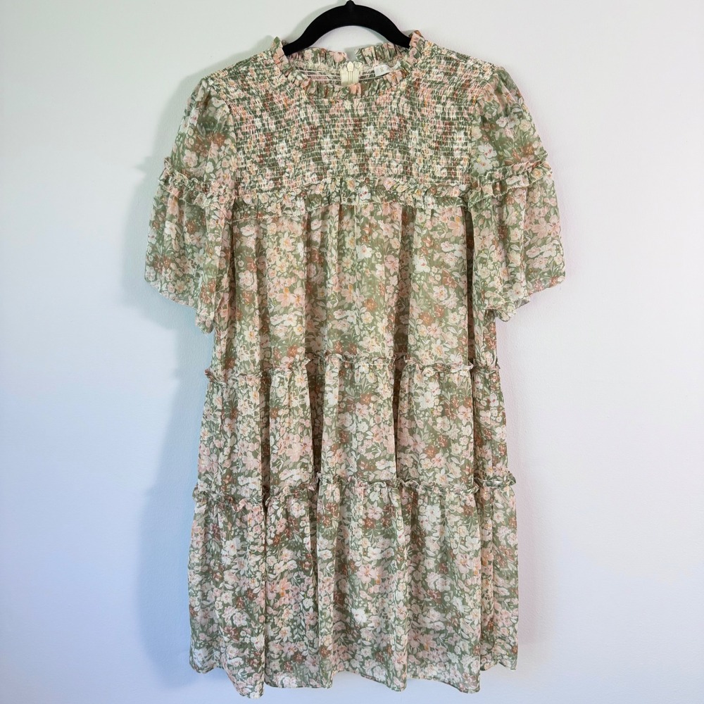 Karlie Floral Smocked Tiered Mini Dress Sage Green Cottagecore‎ Boho Size L $119